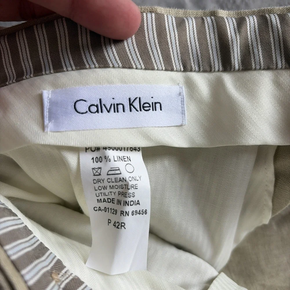 Calvin Klein Pants Mens 42R Beige 100% Linen Dress Trousers Flat Front Summer